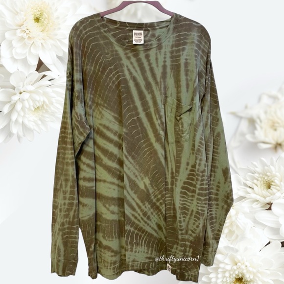 PINK Victoria's Secret Tie Dye Campus Long Sleeve Green Tunic T-Shirt ~ Large - Picture 1 of 3